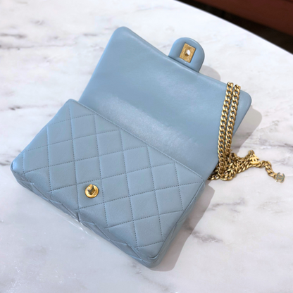 Microchipped 22P Baby Blue Medium Lambskin Enamel and Gold Tone Shoulder Bag