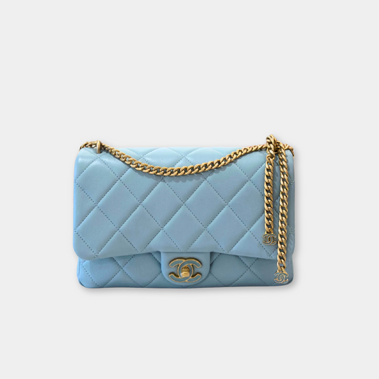 Microchipped 22P Baby Blue Medium Lambskin Enamel and Gold Tone Shoulder Bag