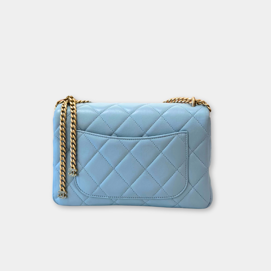 Microchipped 22P Baby Blue Medium Lambskin Enamel and Gold Tone Shoulder Bag