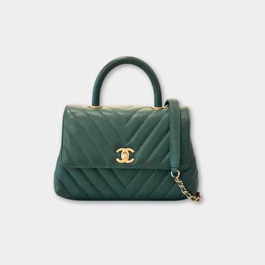 Chanel Green Caviar Chevron Small Coco Top Handle Bag with AGHW