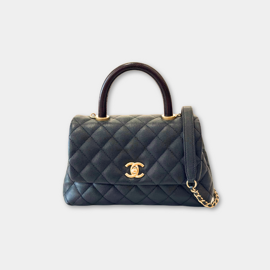 Limited Chanel Black Caviar Small Coco Python Top Handle Bag with AGHW